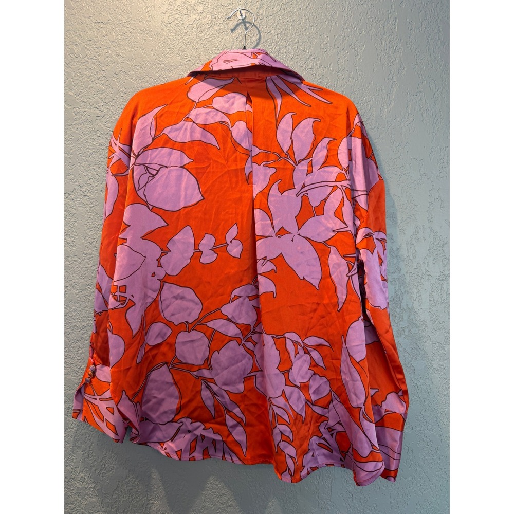House of Harlow 1960 Orange‎ Lavender Floral Satin Button Down Shirt Medium - Picture 5 of 6